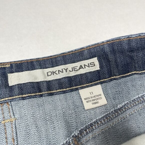DKNY Denim Mini Skirt Sz 11 Distressed Grunge Y2K Stretch Ruched Pencil 90s - Picture 3 of 8